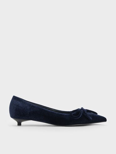 Velvet Bow Pointed-Toe Kitten-Heel Pumps, Dark Blue, hi-res