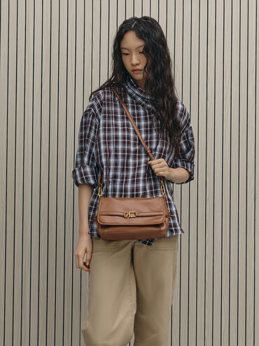 Gwynne Metallic-Buckle Belted Shoulder Bag, Chocolate, hi-res