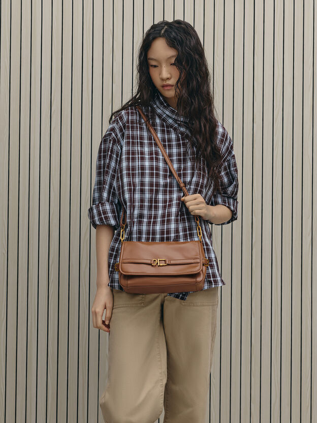Gwynne Metallic-Buckle Belted Shoulder Bag, Chocolate, hi-res