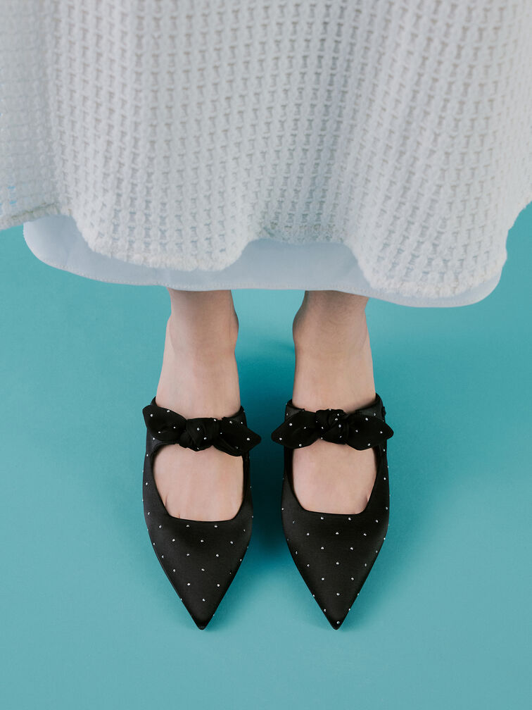 Jayce Dotted Knot-Bow Kitten-Heel Mules, Black Textured, hi-res