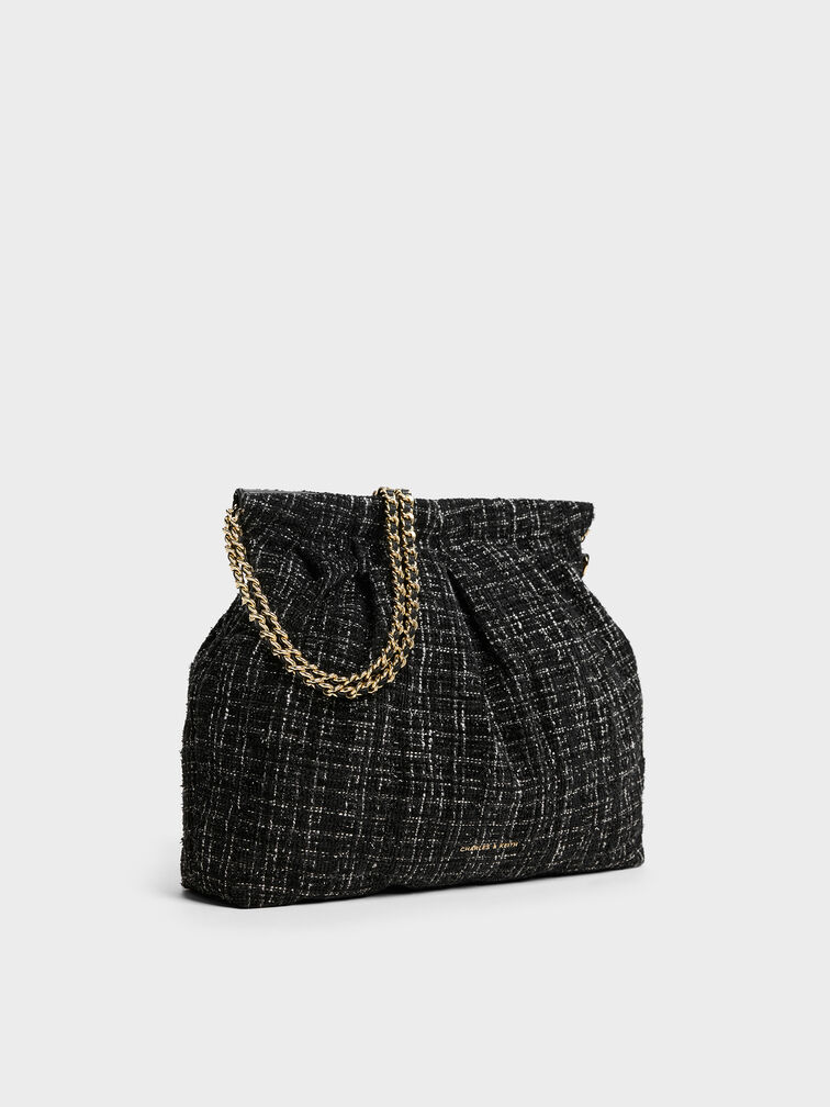 Duo Tweed Double-Chain Hobo Bag, Black Tweed, hi-res