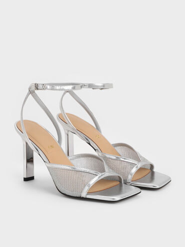 Sequin Mesh & Leather Ankle-Strap Heeled Sandals, Silver, hi-res