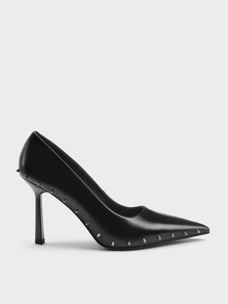Coralie Studded Pointed Pumps, Black, hi-res