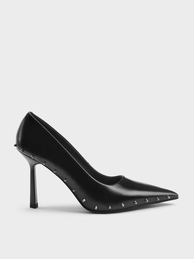 Coralie Studded Pointed Pumps, Black, hi-res