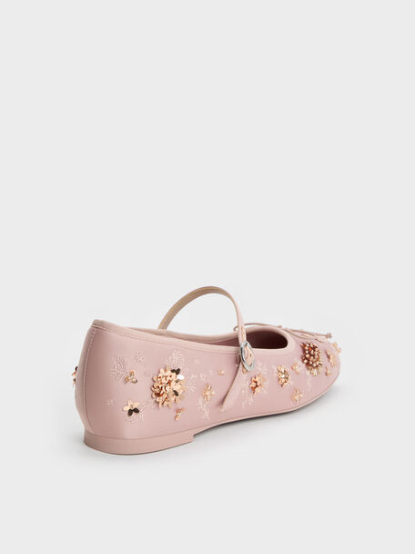 Sadira Satin Embroidered Sequinned Mary Jane Flats, Light Pink, hi-res