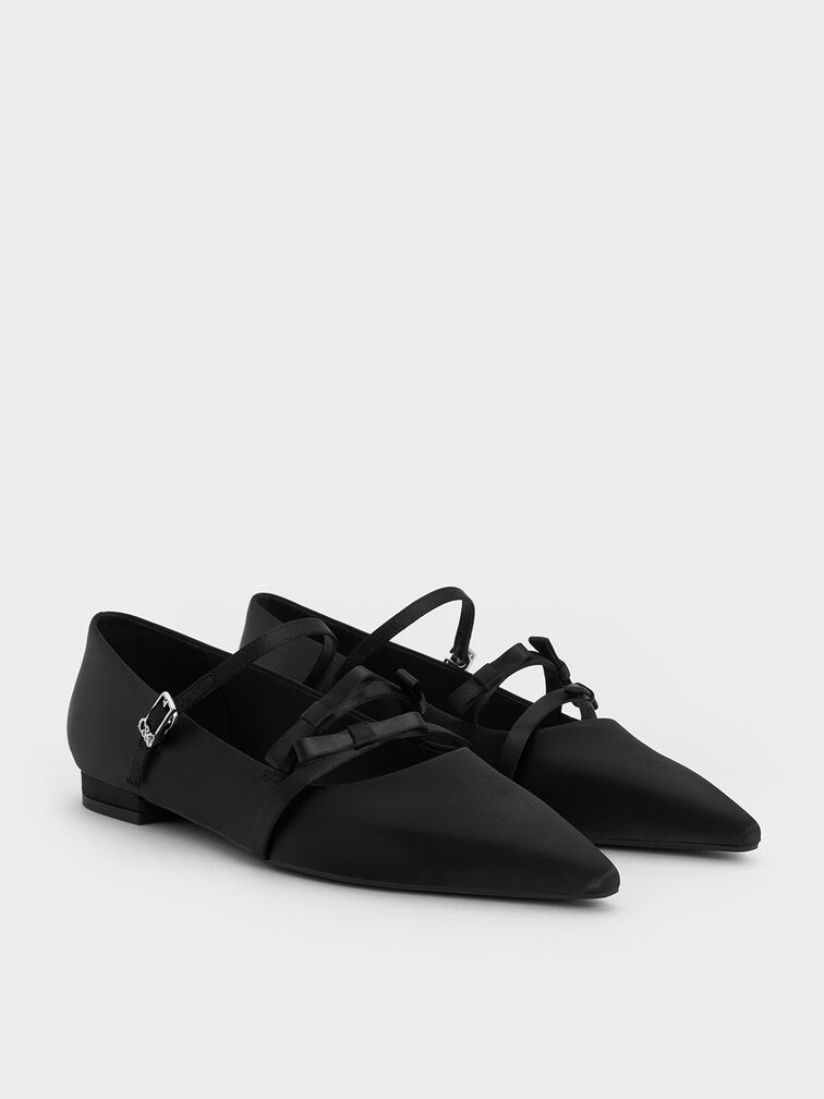 Jessy Recycled Polyester Bow Pointed-Toe Flats, Black Textured, hi-res