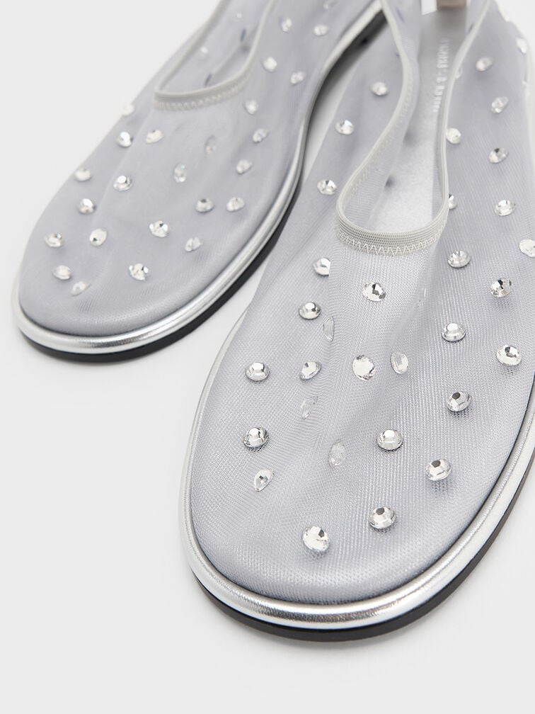 Mesh Gem-Embellished Ballet Flats, Silver, hi-res
