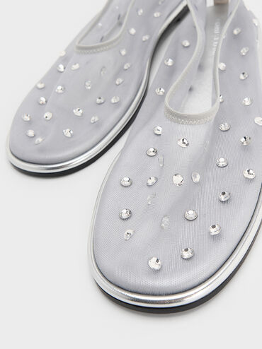 Mesh Gem-Embellished Ballet Flats, Silver, hi-res