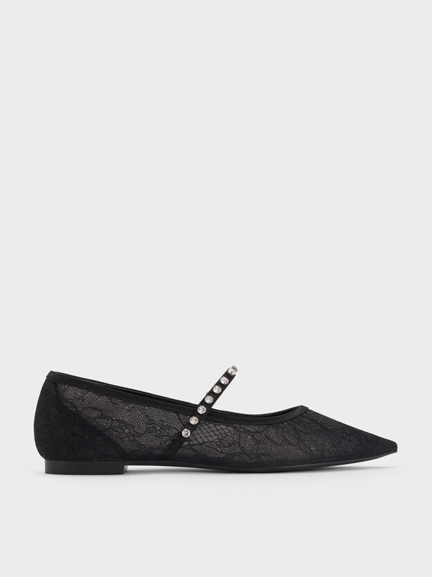 Lace & Satin Crystal Mary Jane Flats, Black Textured, hi-res