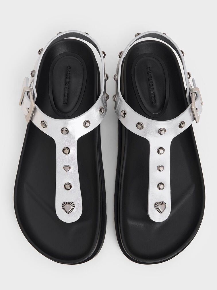 Metallic Studded Heart-Embellished Thong Sandals, Silver, hi-res