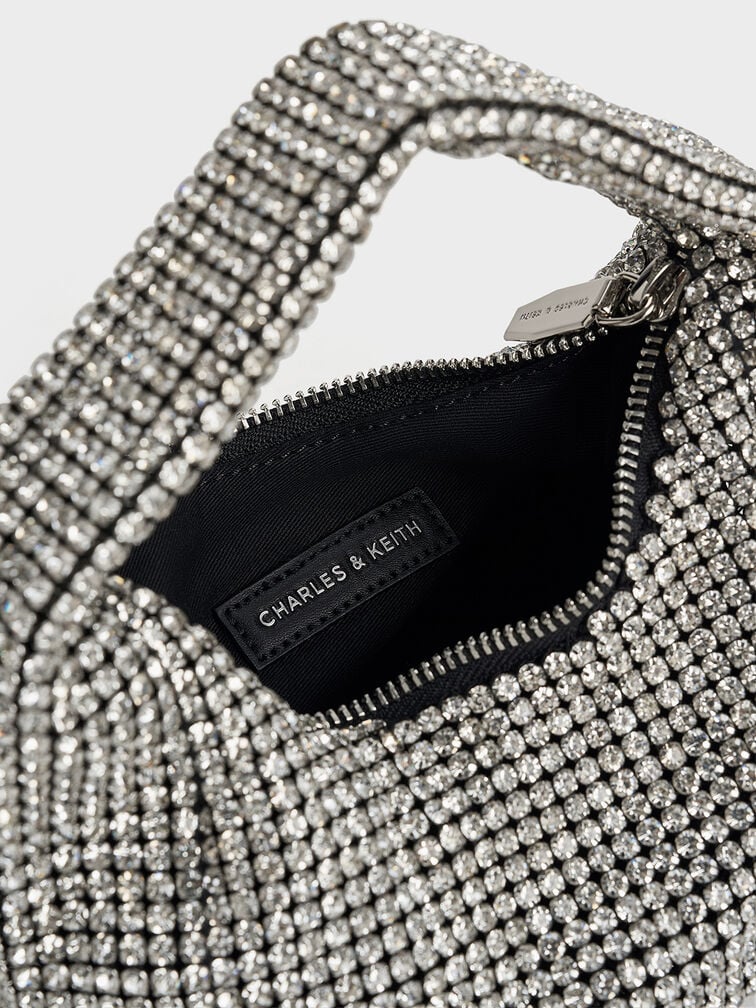 Crystal-Embellished Hobo Bag, Silver Crystal-Embellished Hobo Bag, Silver, hi-res