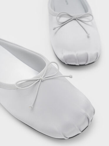 Satin Bow Flat Mules, Silver, hi-res