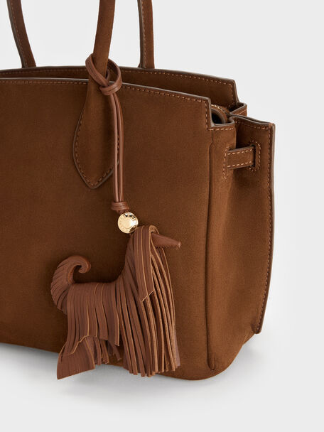Leather Fringed Dog Charm, Chocolate, hi-res
