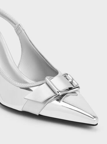 Anita Metallic Buckled Pointed-Toe Slingback Pumps, Silver, hi-res