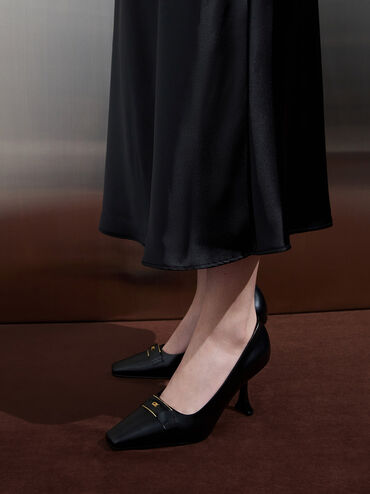 Leather Sculptural-Heel Square-Toe Pumps, Black Box, hi-res
