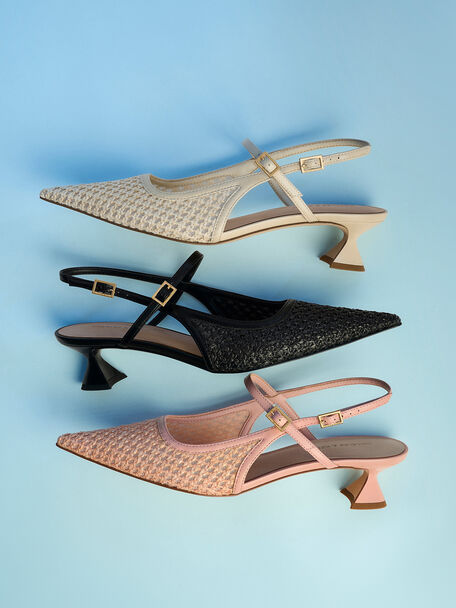 Raffia Sculptural-Heel Slingback Pumps, Black Textured, hi-res