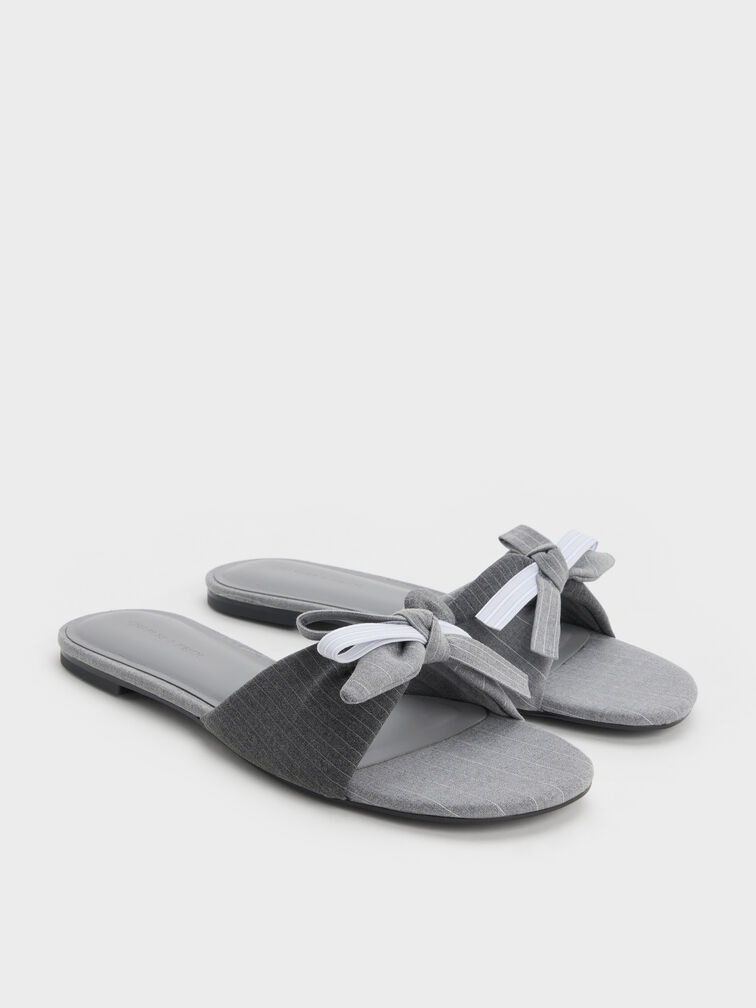 Striped Bow Slide Sandals, Grey, hi-res