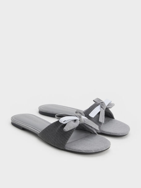 Striped Bow Slide Sandals, Grey, hi-res