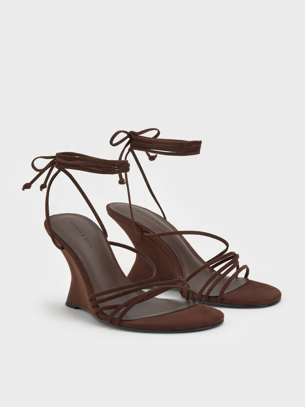 Noona Faux Suede Strappy Wedges, Dark Brown Textured, hi-res