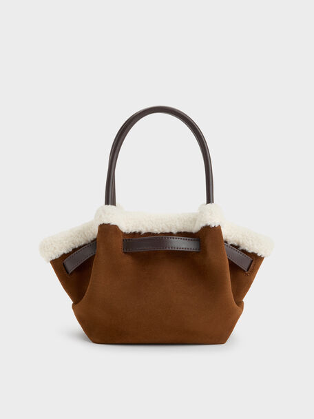 Mini Cosima Fur-Trim Tote Bag, Pecan Brown, hi-res