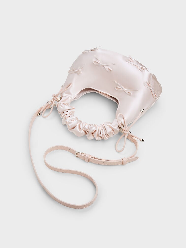 Satin Bow Ruched-Handle Bag, Baby Pink, hi-res
