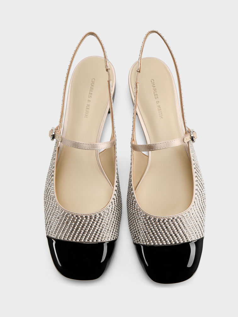 Pearl & Crystal-Embellished Cap-Toe Slingback Mary Jane Flats, Gold, hi-res