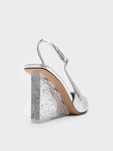 Metallic Crinkle-Effect Speckled-Heel Slingback Wedges, Silver, hi-res