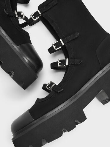 Celia Faux Suede Buckled Multi-Strap Chunky Calf Boots, Black Textured, hi-res