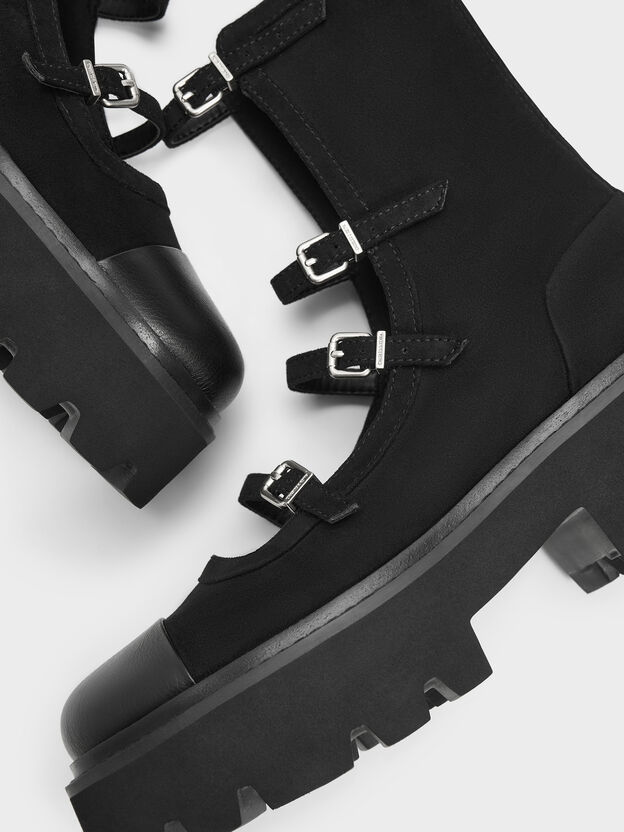 Celia Faux Suede Multi-Strap Calf Boots, Black Textured, hi-res