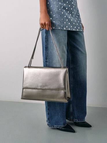 Sianna Metallic Crinkle-Effect Chain-Handle Shoulder Bag, Pewter, hi-res