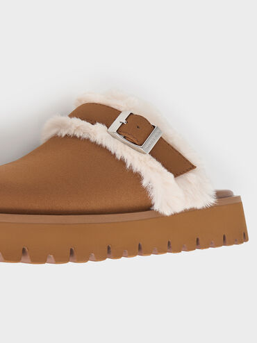 Hannah Textured Fur-Trim Buckled Mules, Brown, hi-res