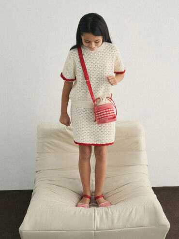 Girls' Ida Knitted Gingham Bucket Bag, Gingham Red, hi-res