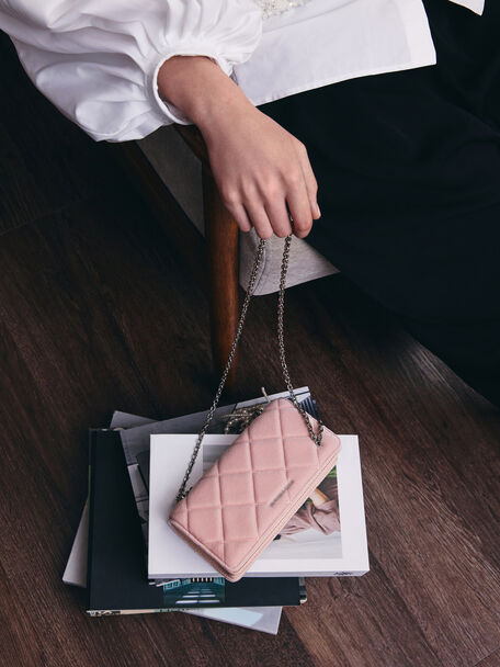 Paffuto Velvet Quilted Wallet On Chain, Pink, hi-res