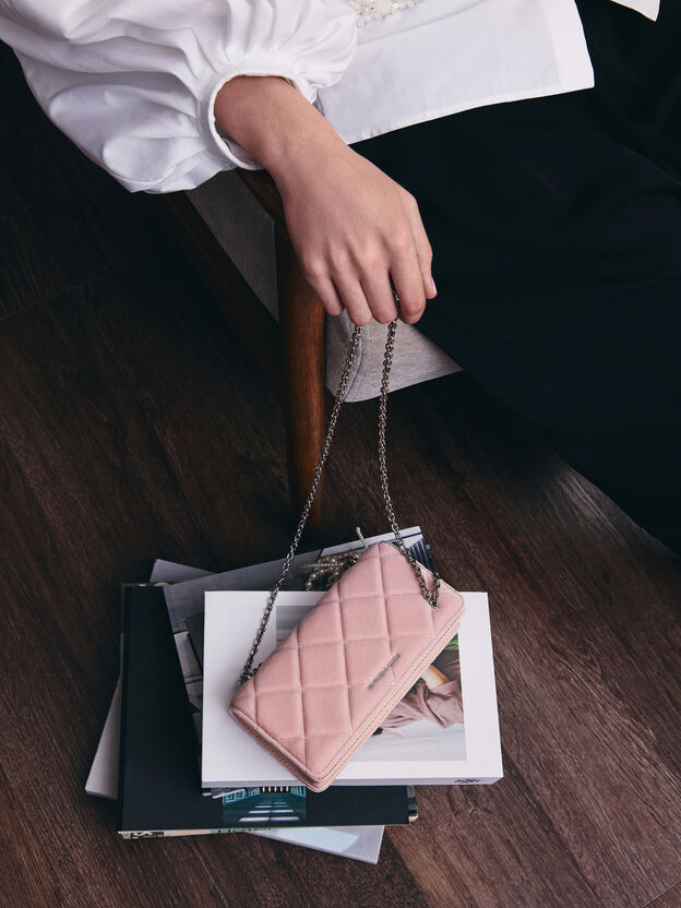 Paffuto Velvet Quilted Wallet On Chain, Pink, hi-res