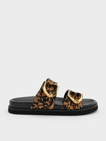 Gabine Leopard-Print Gold-Buckle Leather Slides, Animal Print Brown, hi-res