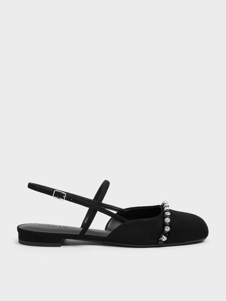 Faux Suede Crystal Mary Jane Slingback Flats, Black Textured, hi-res