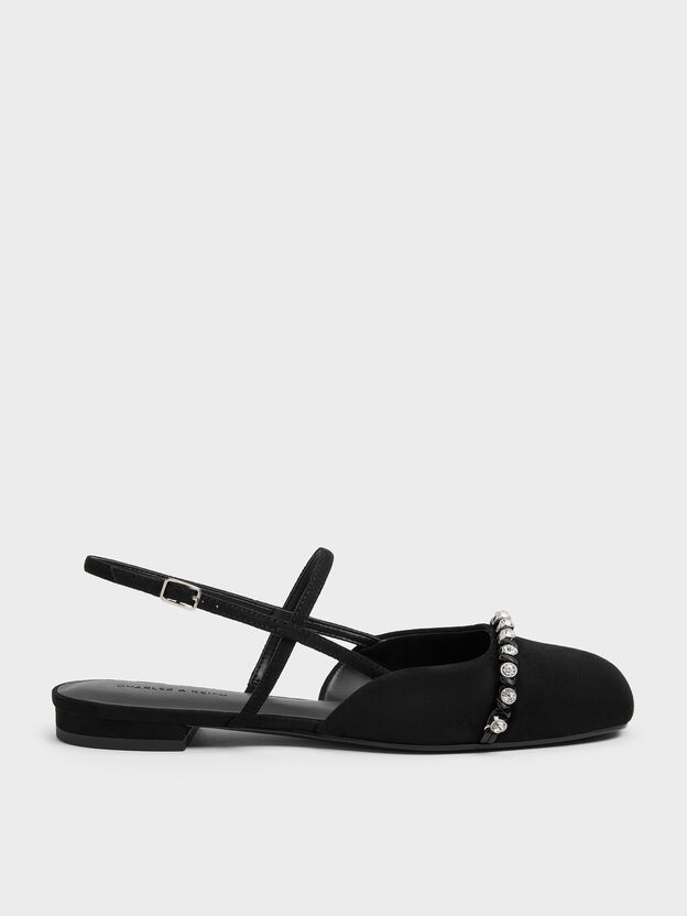 Faux Suede Crystal Slingback Flats, Black Textured, hi-res