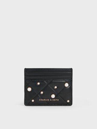 Janie Pearl-Embellished Quilted Card Holder, Black, hi-res
