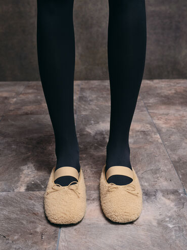 Nancy Faux Shearling Bow Ballet Mules, Brown, hi-res