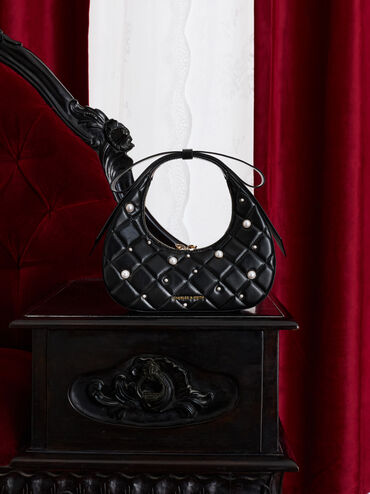 Janie Quilted Pearl-Embellished Bow-Handle Crescent Bag, Black, hi-res