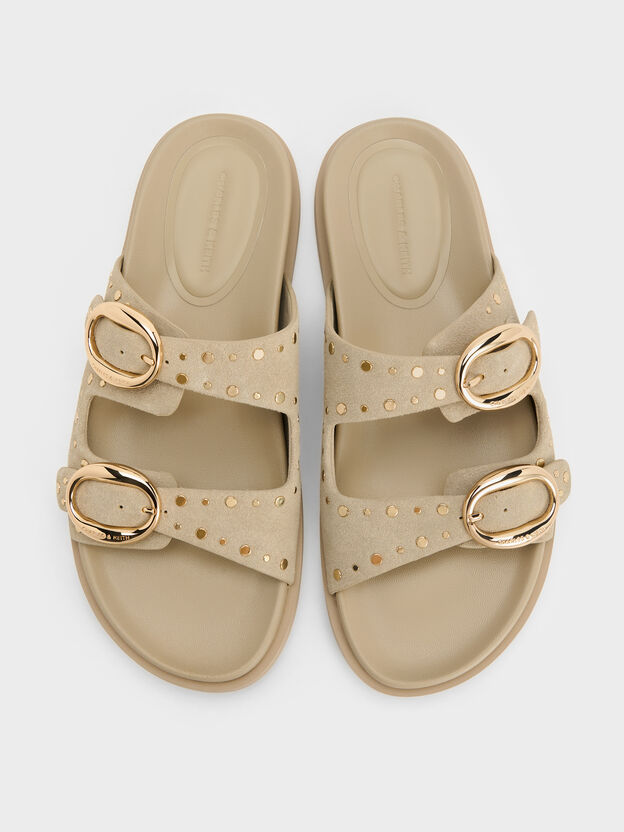 Studded Buckled Double-Strap Slides, Beige, hi-res