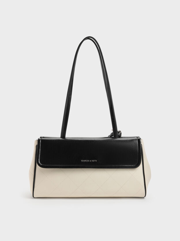 Apfra Two-Tone Quilted Elongated Shoulder Bag, Multi Cream, hi-res