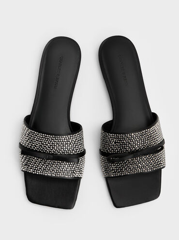 Satin Crystal-Embellished Bow Slide Sandals, Black Textured, hi-res