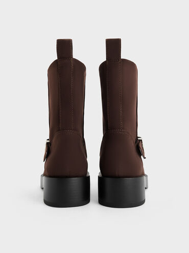 Faux Suede Buckle-Strap Biker Boots, Dark Brown, hi-res