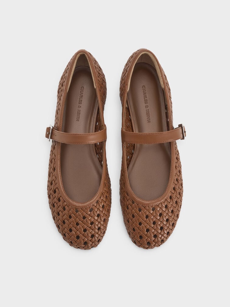 Woven Mary Jane Flats, Brown, hi-res