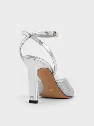 Sequin Mesh & Leather Ankle-Strap Heeled Sandals, Silver, hi-res