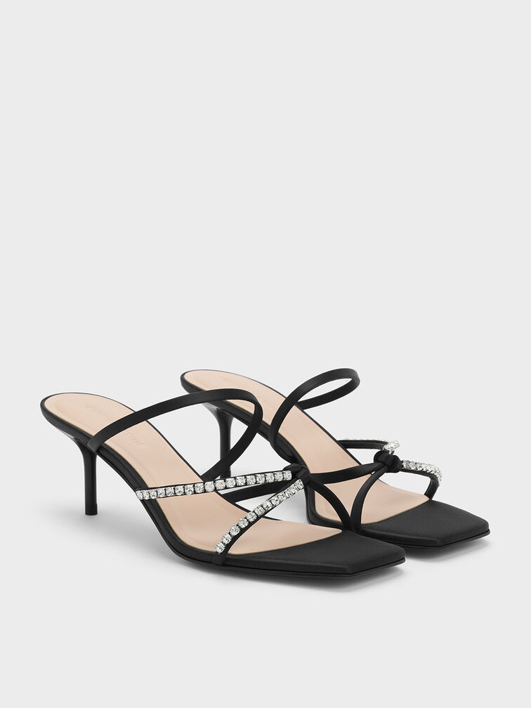 Recycled Polyester Gem-Embellished Strappy Heeled Sandals, Black Textured, hi-res