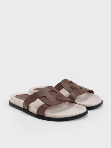 Fannie Linen Interwoven Slide Sandals, Dark Brown, hi-res