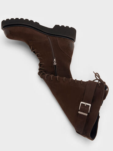 Darian Faux Suede Lace-Up Buckle-Strap Knee-High Boots, Dark Brown Textured, hi-res