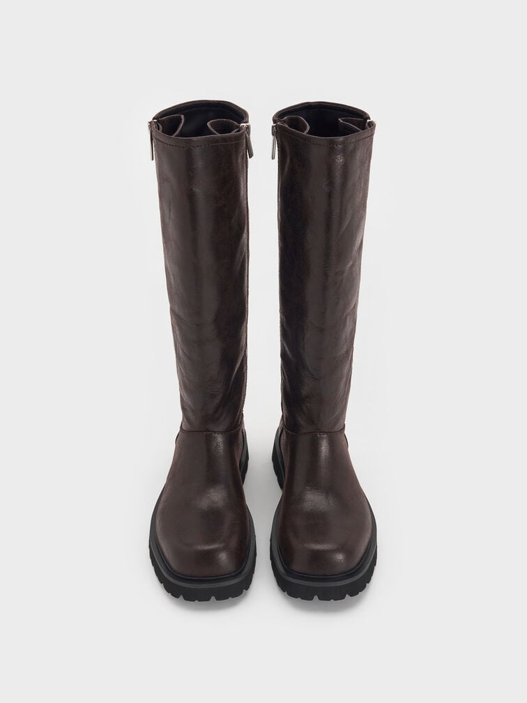 Rosamond Side-Zip Ridged-Sole Knee-High Boots, Dark Brown Textured, hi-res